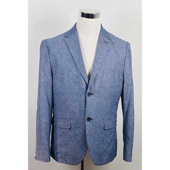 H&M 44R Slim Fit Chambray Sport Coat Elbow Patches Blue Cotton Two Button Vented - Picture 2 of 8